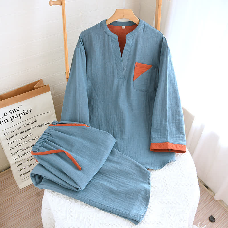 Colorblock Double Layer Cotton Gauze Pajama Set