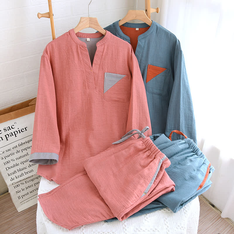 Colorblock Double Layer Cotton Gauze Pajama Set