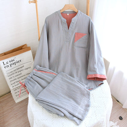 Colorblock Double Layer Cotton Gauze Pajama Set