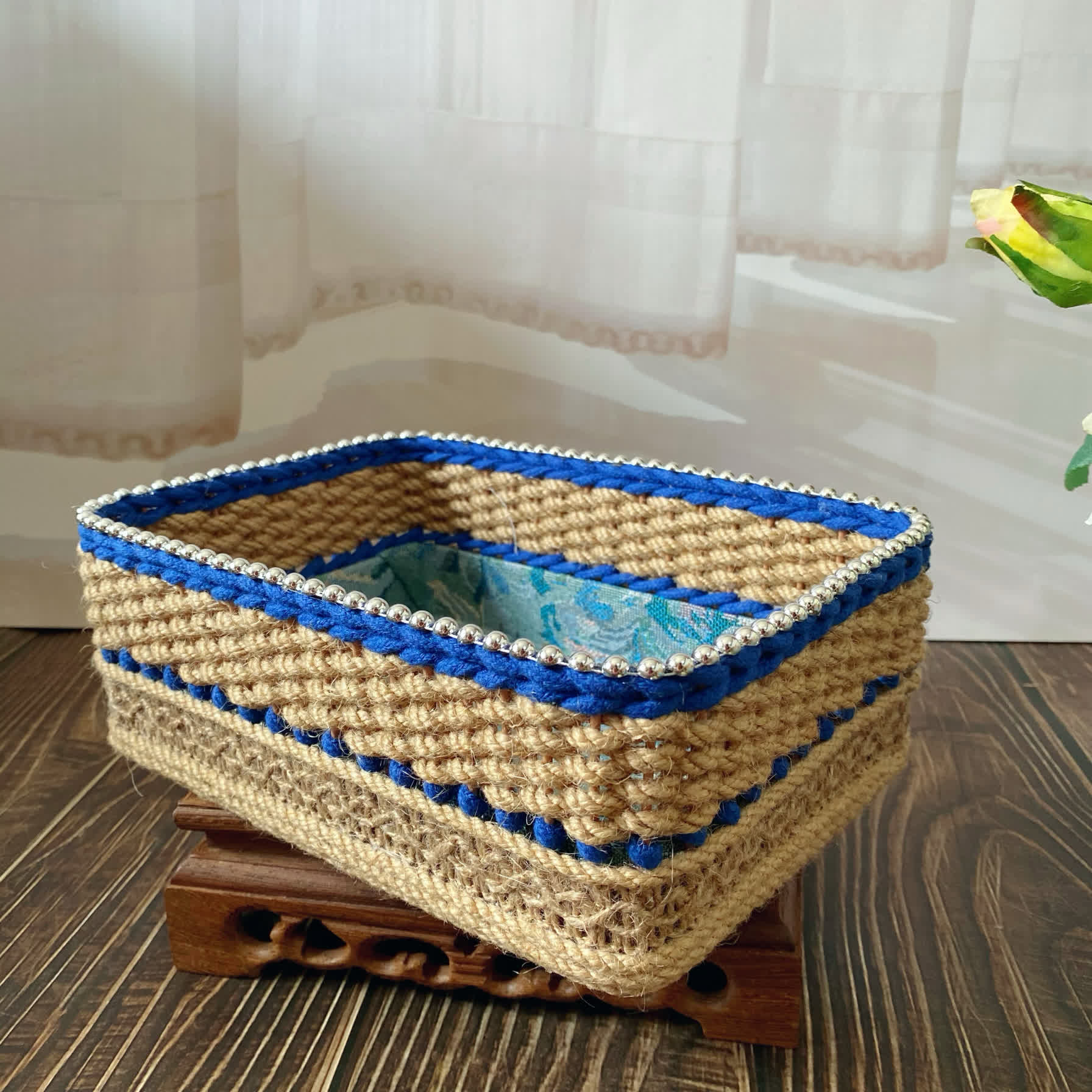 Vintage Floral Hand-woven Tabletop Storage Basket - image 9