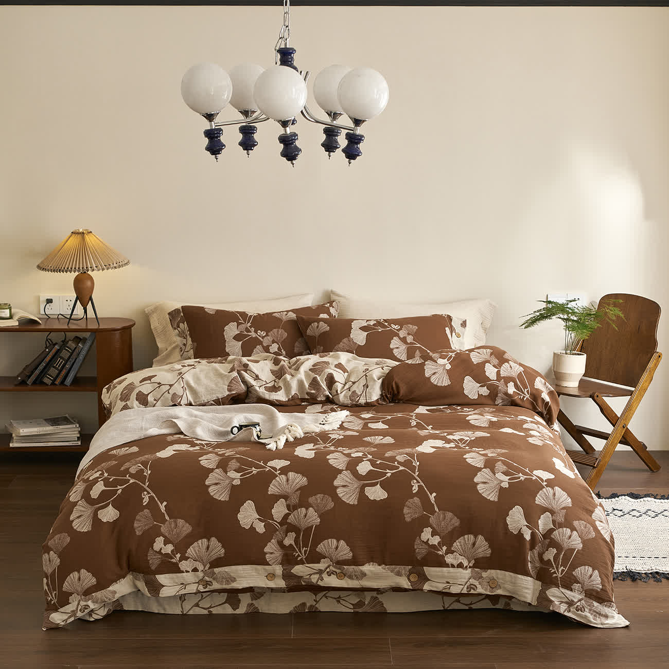 Ownkoti Button Ginkgo Leaf Cotton Gauze Doona Covers Bedding Set (4PCS) - Brown & Apricot - Queen - image 18