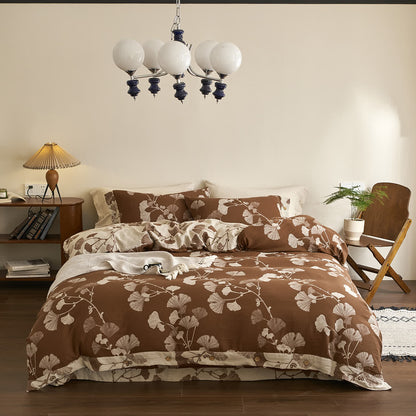 Ownkoti Button Ginkgo Leaf Cotton Gauze Doona Covers Bedding Set (4PCS) - Brown & Apricot - Queen - image 18