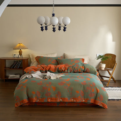Ownkoti Button Ginkgo Leaf Cotton Gauze Doona Covers Bedding Set (4PCS) - Green & Orange - Queen - image 9