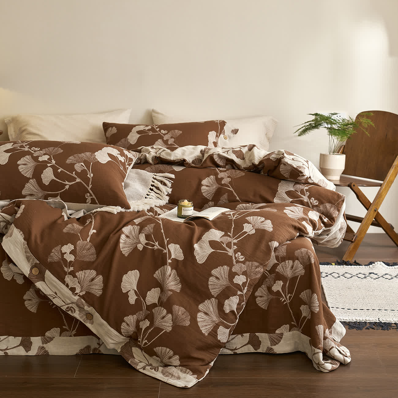 Ownkoti Button Ginkgo Leaf Cotton Gauze Doona Covers Bedding Set (4PCS) - image 19