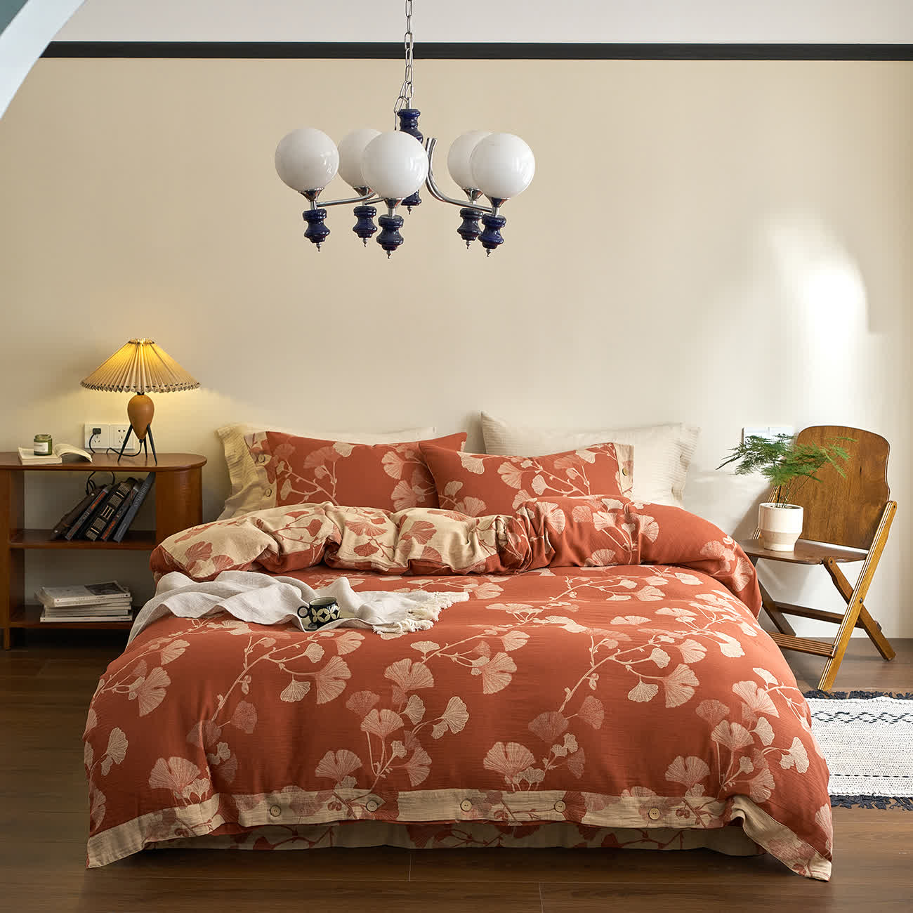 Ownkoti Button Ginkgo Leaf Cotton Gauze Doona Covers Bedding Set (4PCS) - Brick Red & Beige - Queen - image 0