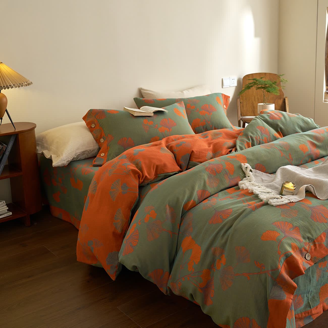 Ownkoti Button Ginkgo Leaf Cotton Gauze Doona Covers Bedding Set (4PCS) - image 11