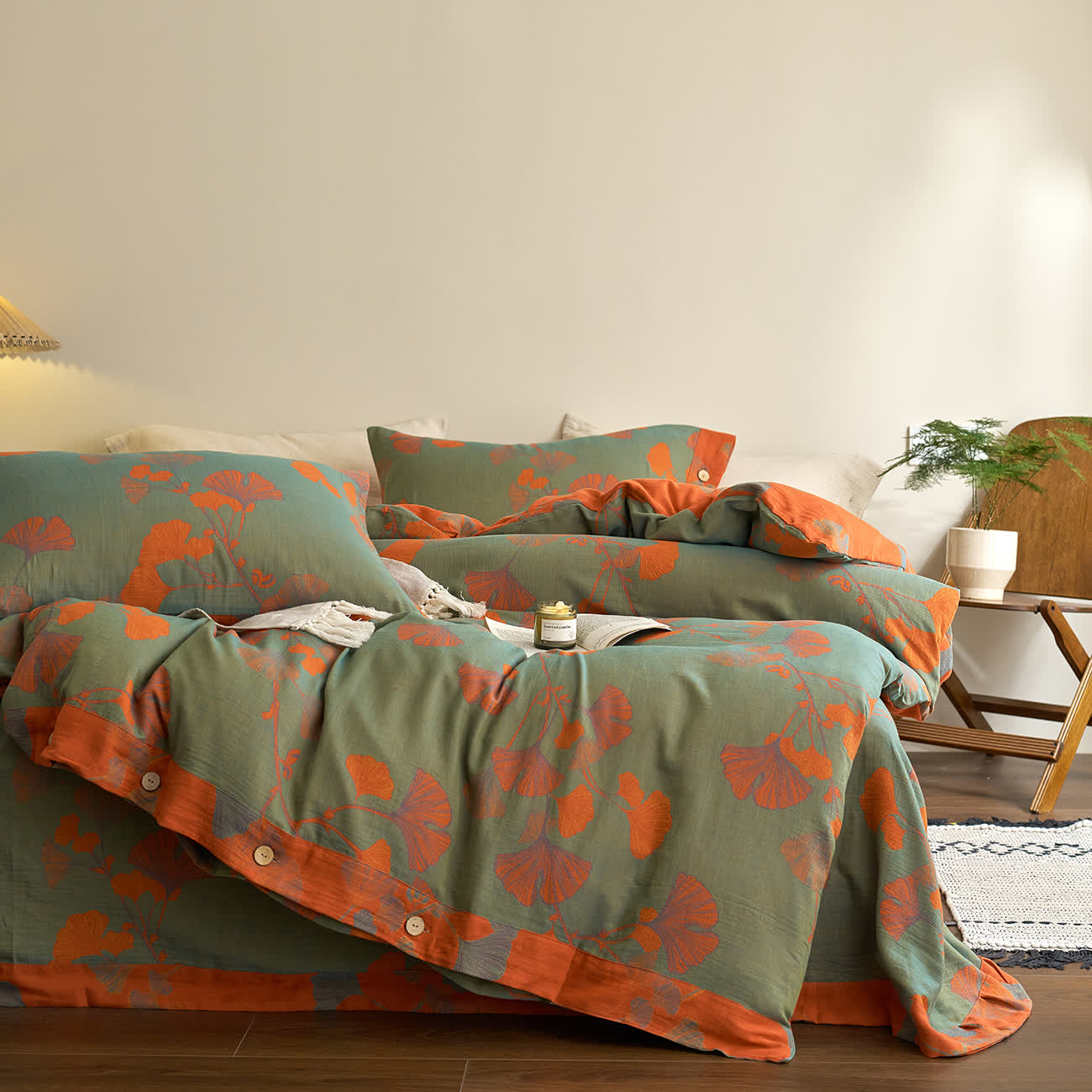Ownkoti Button Ginkgo Leaf Cotton Gauze Doona Covers Bedding Set (4PCS) - image 10