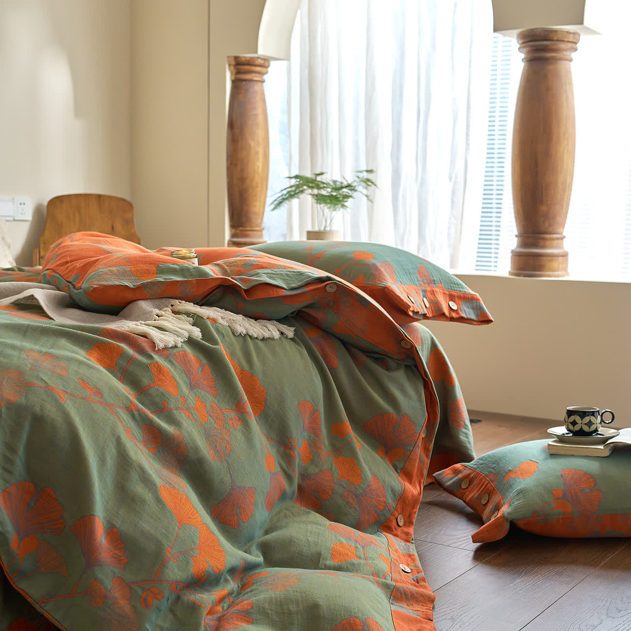 Ownkoti Button Ginkgo Leaf Cotton Gauze Doona Covers Bedding Set (4PCS) - image 14