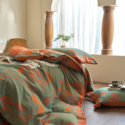 Ownkoti Button Ginkgo Leaf Cotton Gauze Doona Covers Bedding Set (4PCS) - image 14