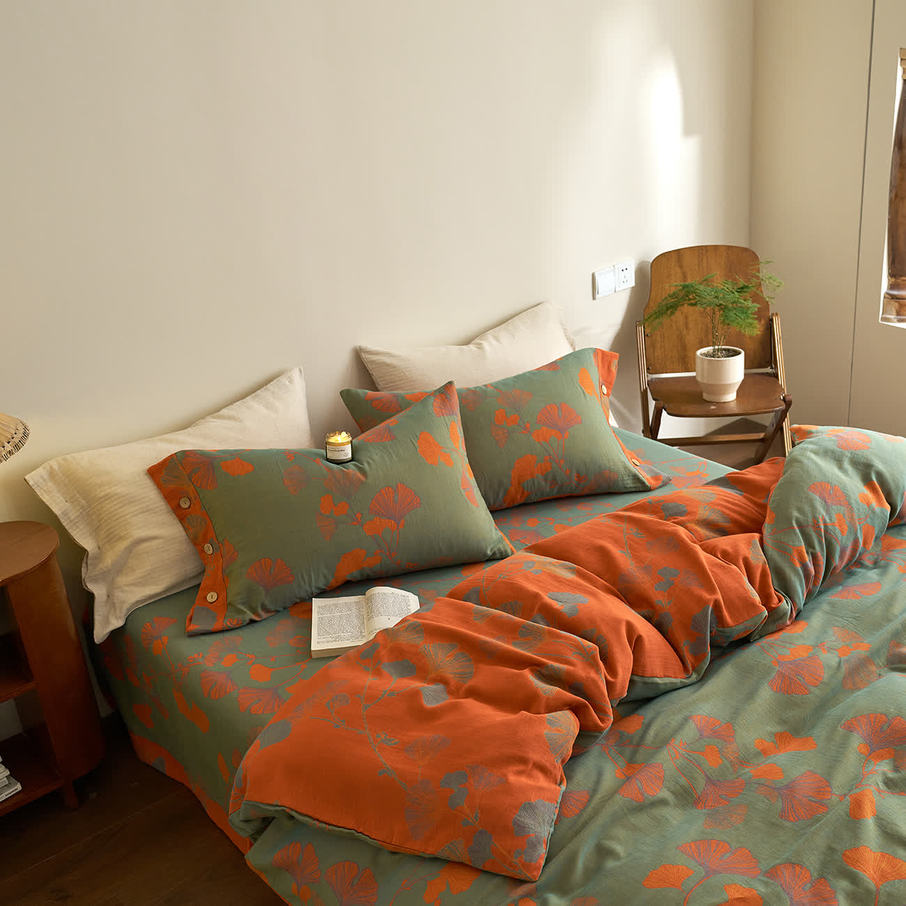 Ownkoti Button Ginkgo Leaf Cotton Gauze Doona Covers Bedding Set (4PCS) - image 12