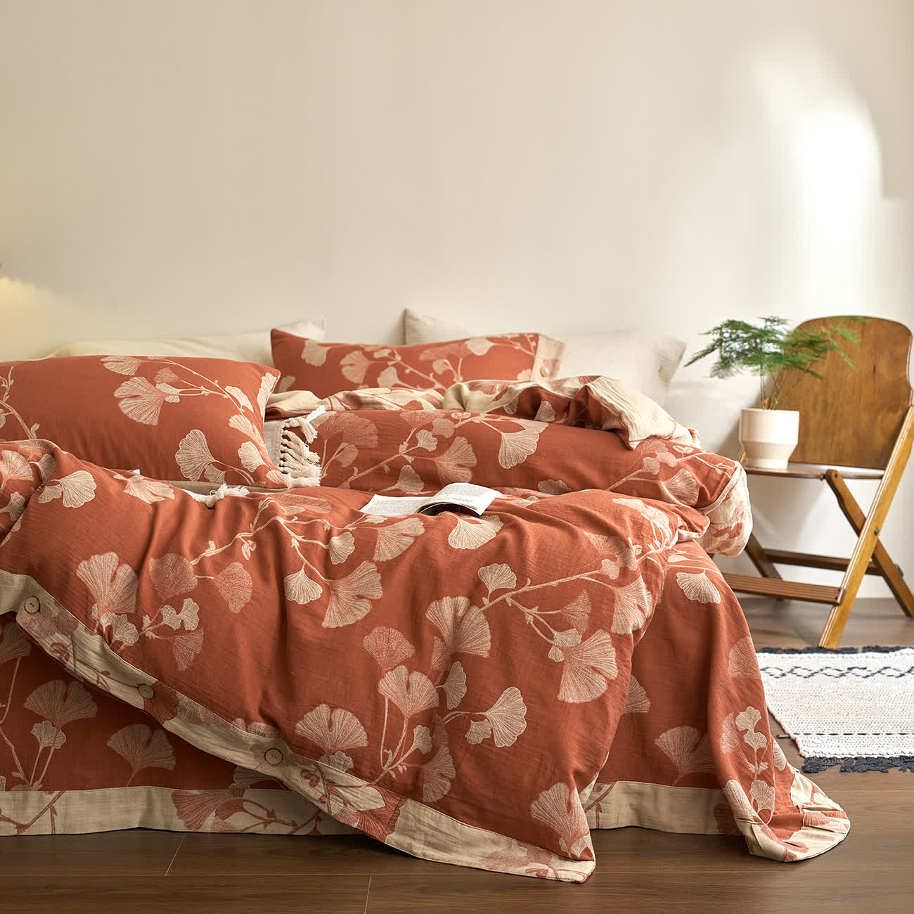 Ownkoti Button Ginkgo Leaf Cotton Gauze Doona Covers Bedding Set (4PCS) - image 1