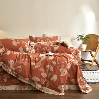 Ownkoti Button Ginkgo Leaf Cotton Gauze Doona Covers Bedding Set (4PCS) - image 1