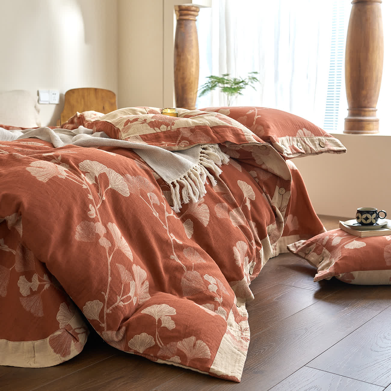 Ownkoti Button Ginkgo Leaf Cotton Gauze Doona Covers Bedding Set (4PCS) - image 6