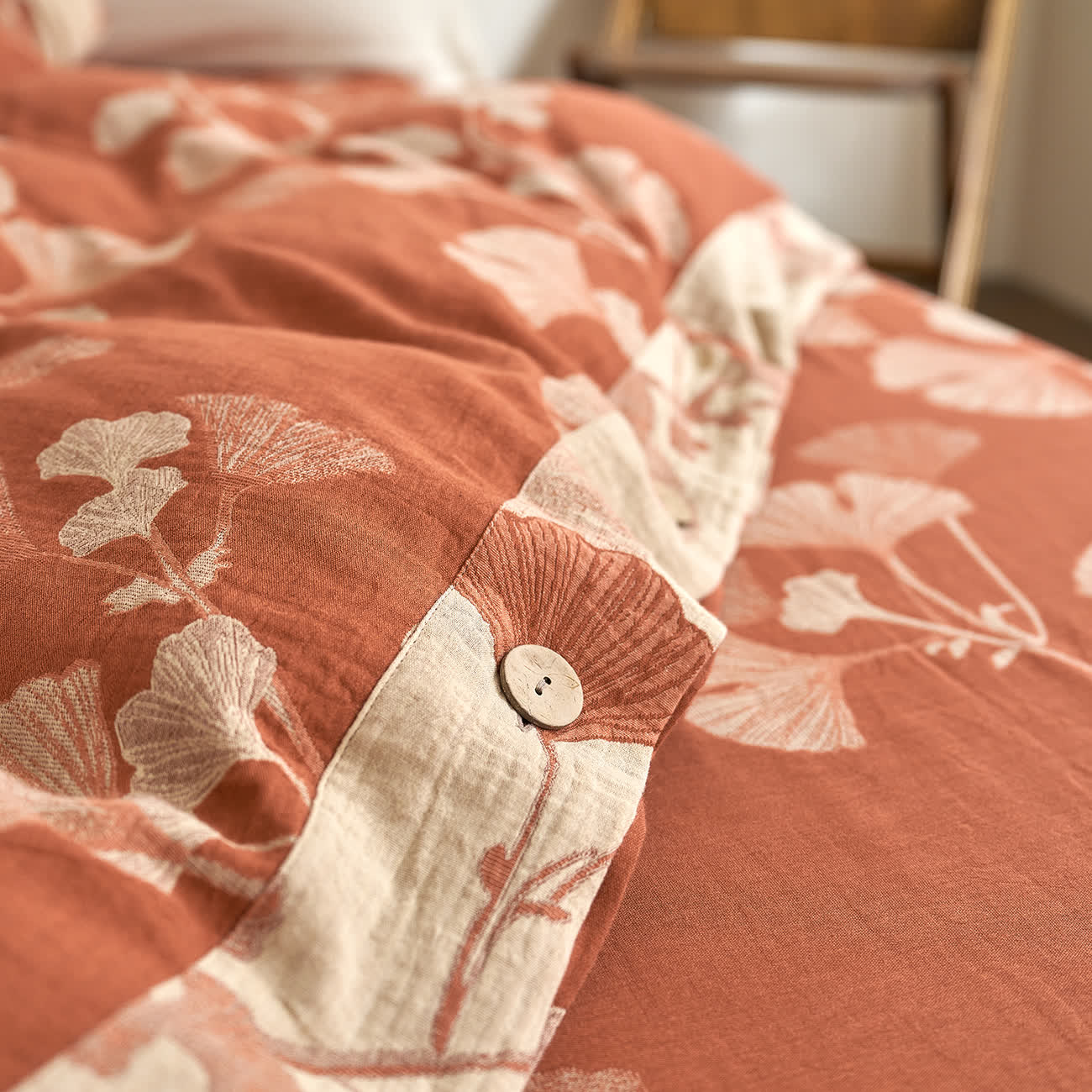 Ownkoti Button Ginkgo Leaf Cotton Gauze Doona Covers Bedding Set (4PCS) - image 7
