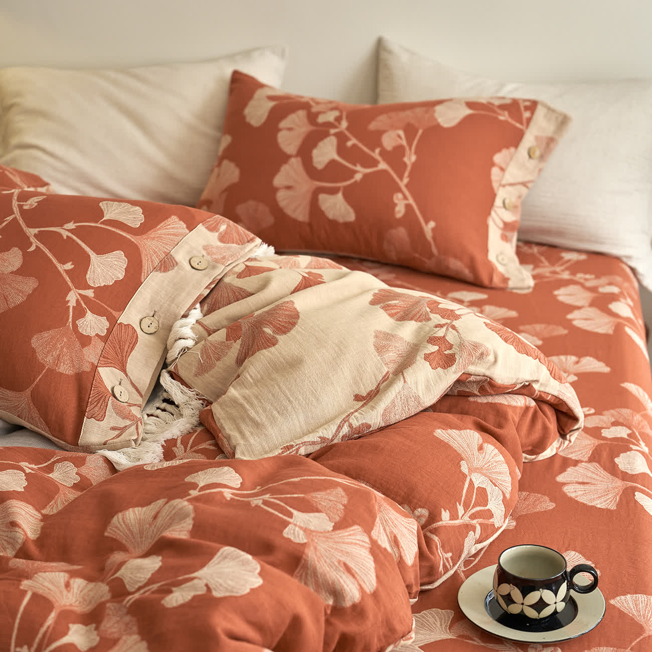 Ownkoti Button Ginkgo Leaf Cotton Gauze Doona Covers Bedding Set (4PCS) - image 4