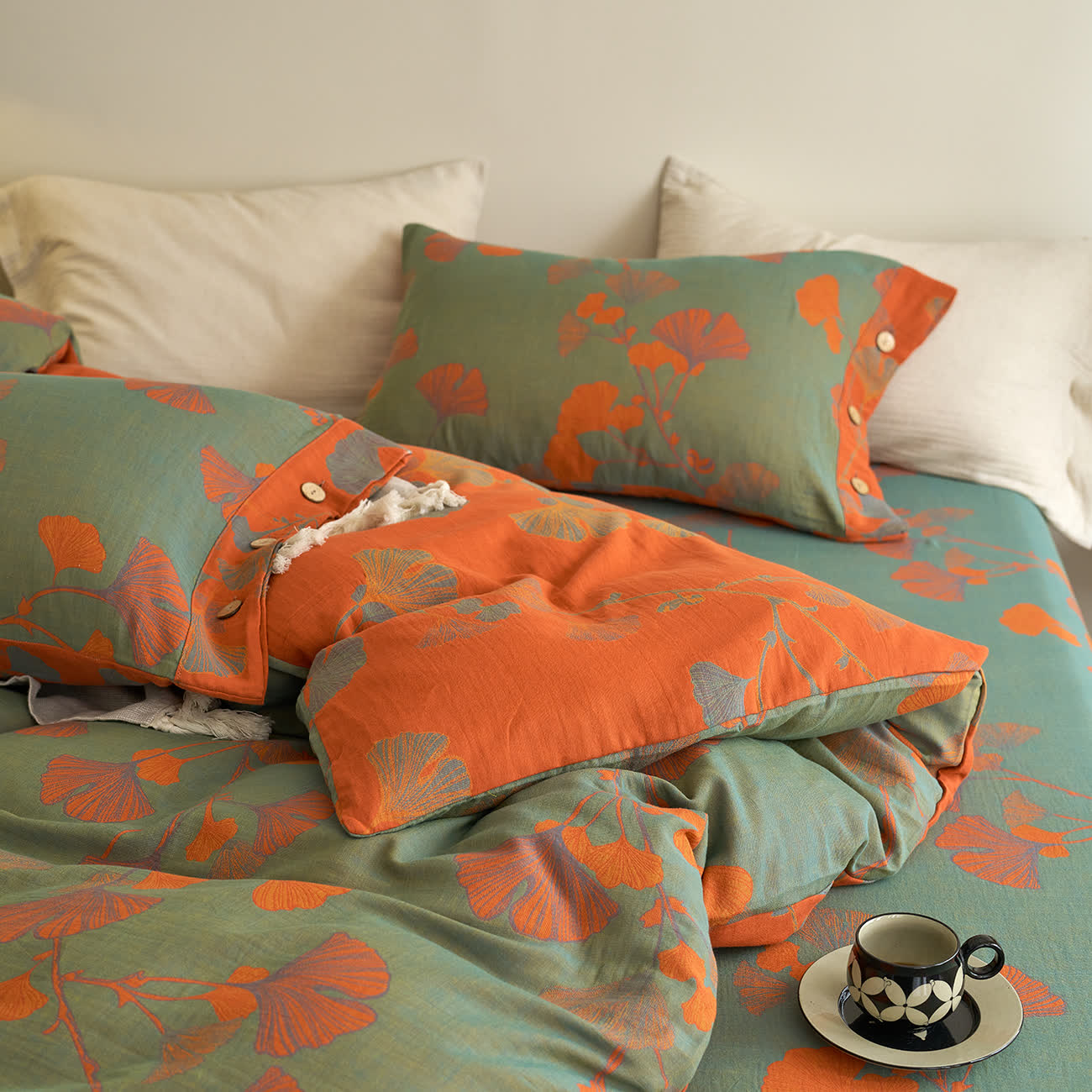 Ownkoti Button Ginkgo Leaf Cotton Gauze Doona Covers Bedding Set (4PCS) - image 17