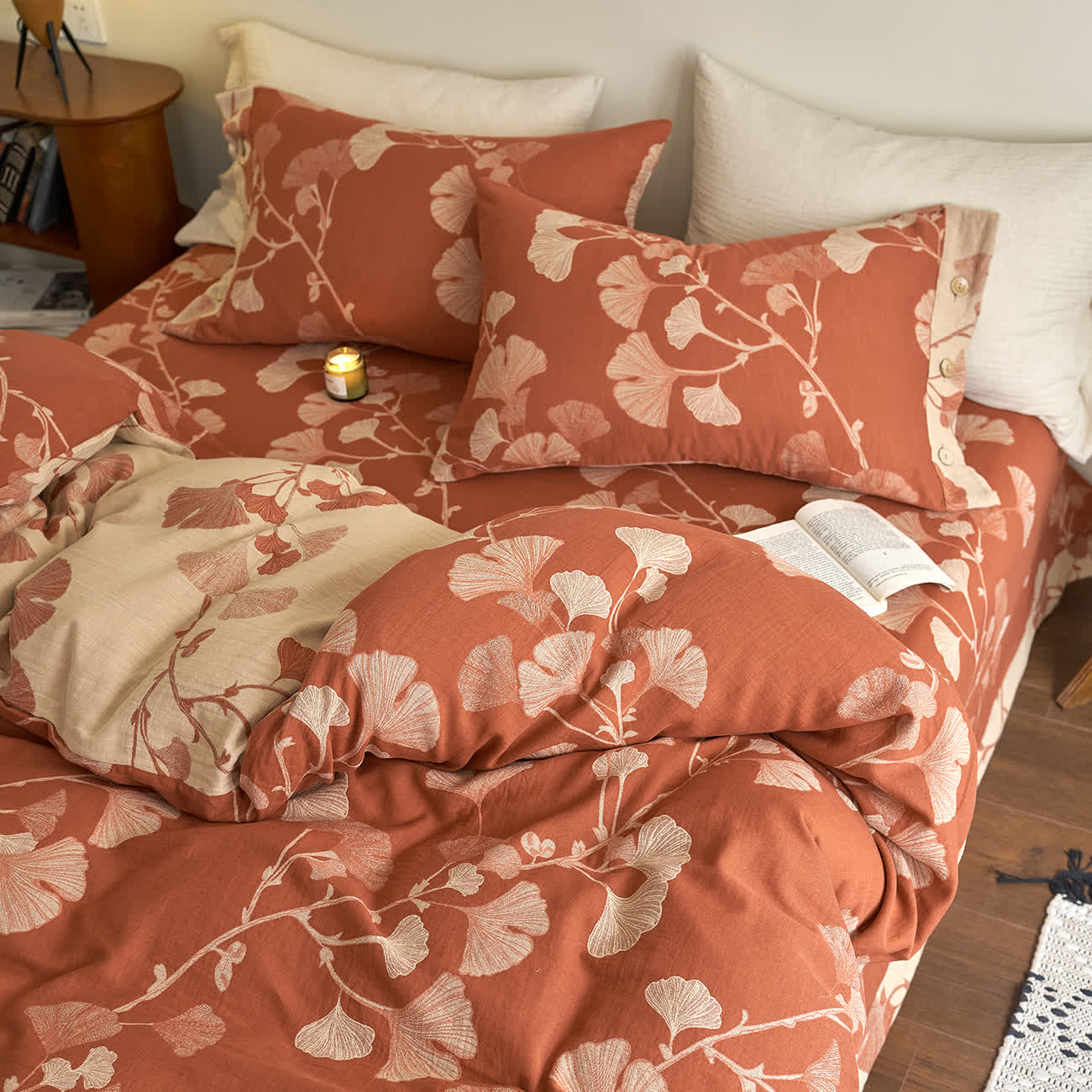 Ownkoti Button Ginkgo Leaf Cotton Gauze Doona Covers Bedding Set (4PCS) - image 5