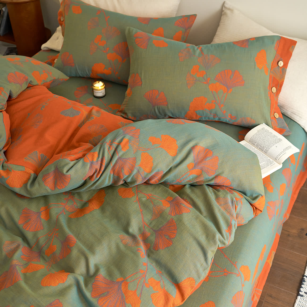 Ownkoti Button Ginkgo Leaf Cotton Gauze Doona Covers Bedding Set (4PCS) - image 13
