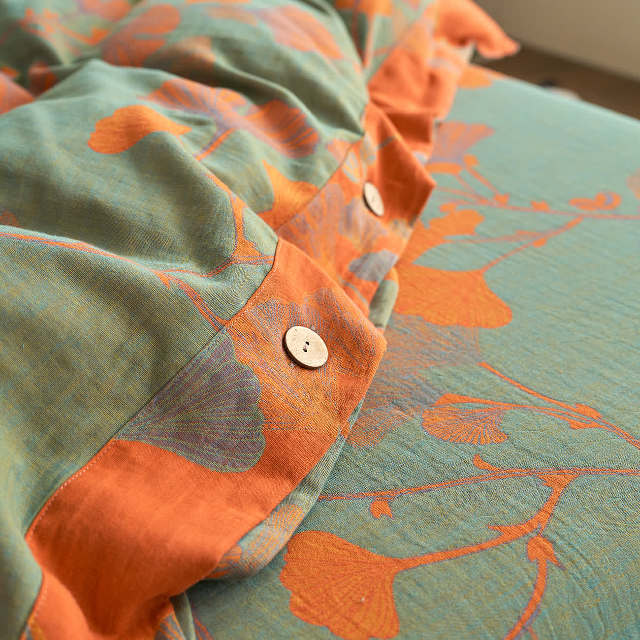 Ownkoti Button Ginkgo Leaf Cotton Gauze Doona Covers Bedding Set (4PCS) - image 16
