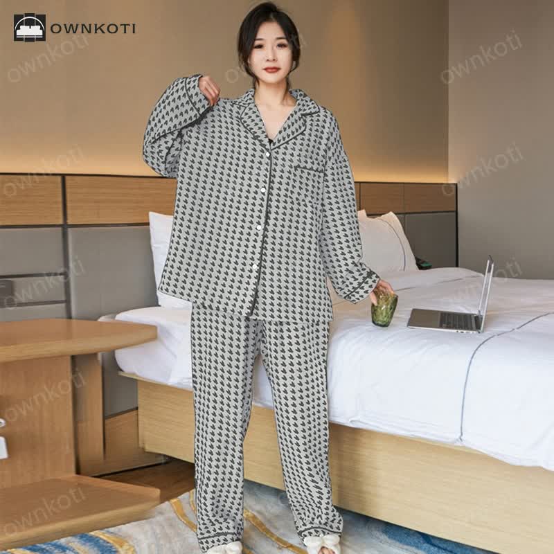 Plus Size Houndstooth Cotton Pajama Set