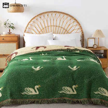 Elegant Goose Cotton Gauze Reversible Tassel Blanket