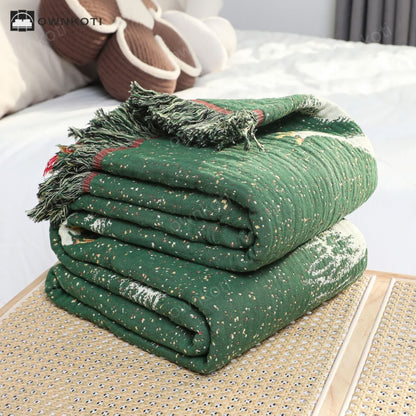 Elegant Goose Cotton Gauze Reversible Tassel Blanket