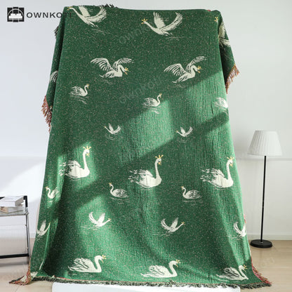 Elegant Goose Cotton Gauze Reversible Tassel Blanket