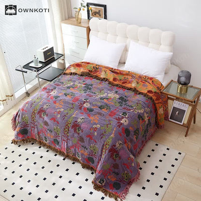 Vintage Floral Tassel Cotton Gauze Sofa Blanket