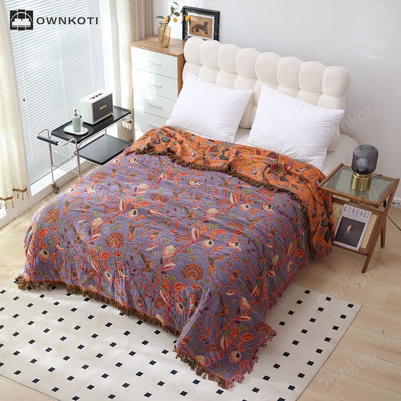Floral Bird Tassel Cotton Gauze Sofa Blanket