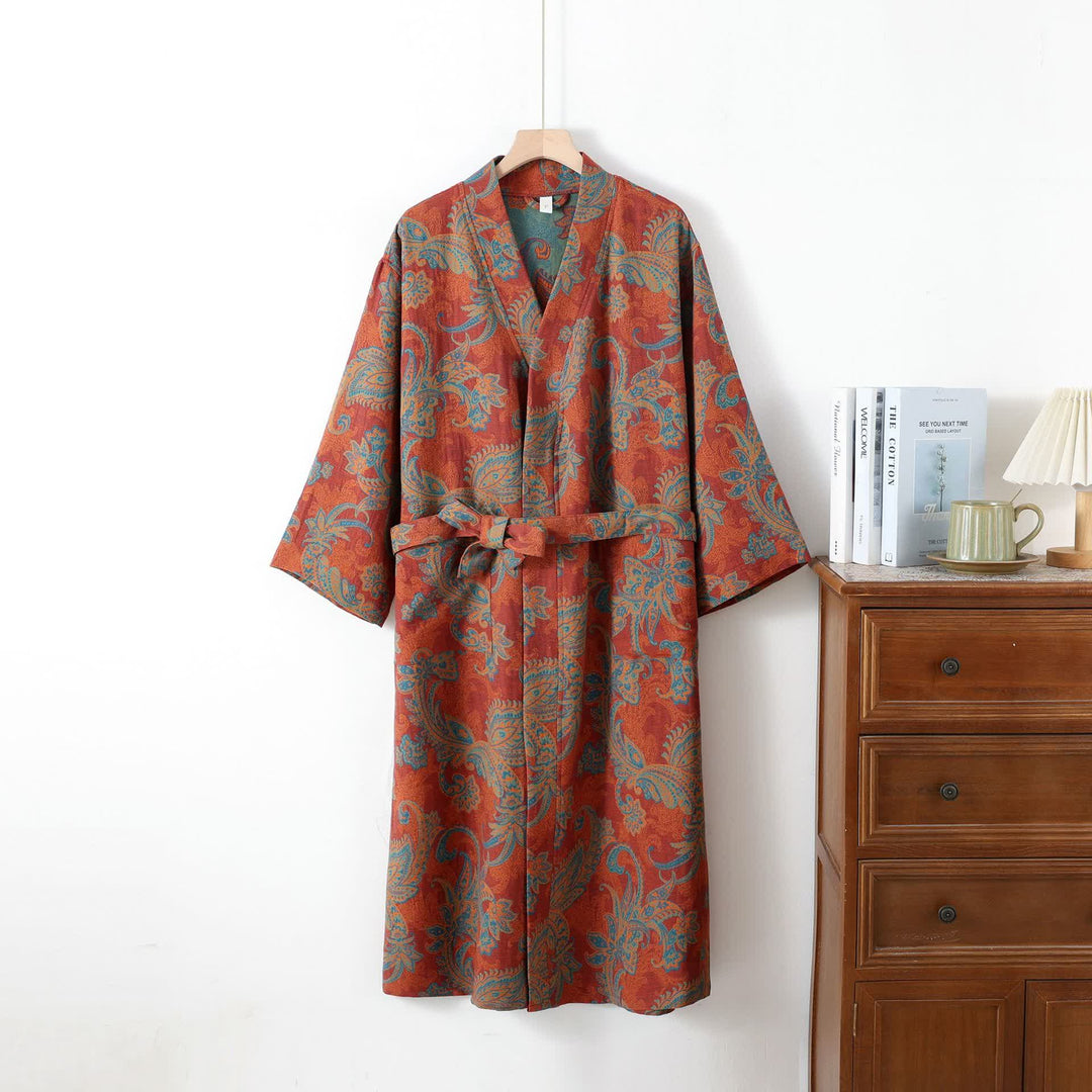 Ownkoti Cotton Gauze Jacquard Retro Quick-dry Bathrobe - Brick Red - One Size - image 0
