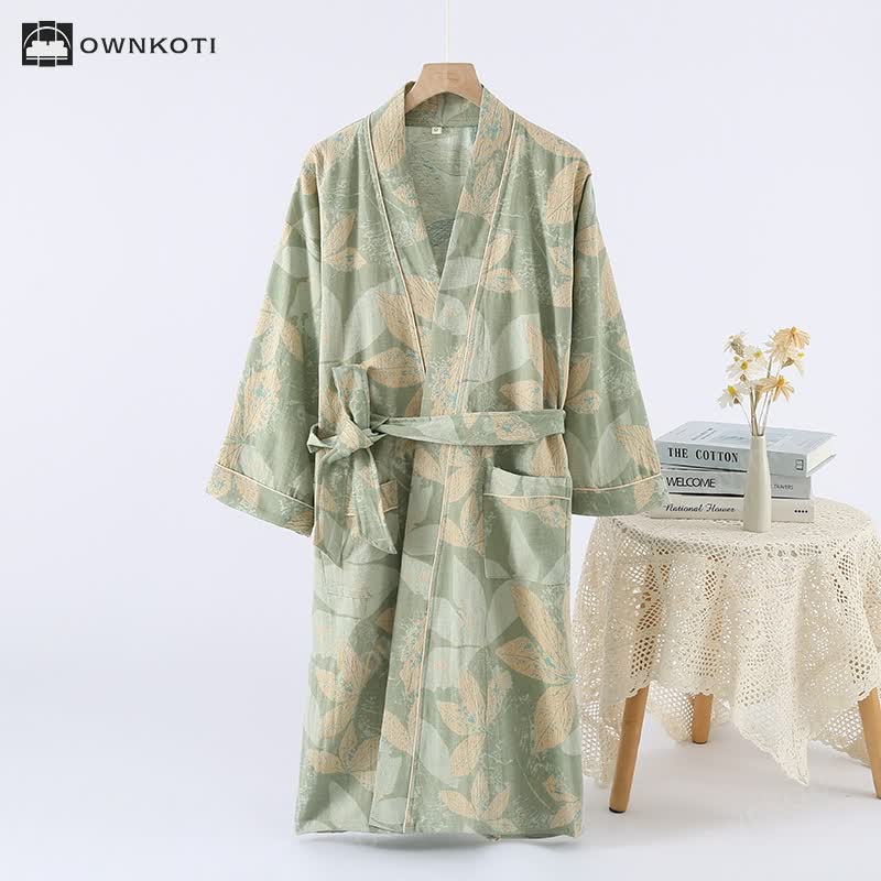 Jacquard Leaf Cotton Kimono Spa Bathrobe