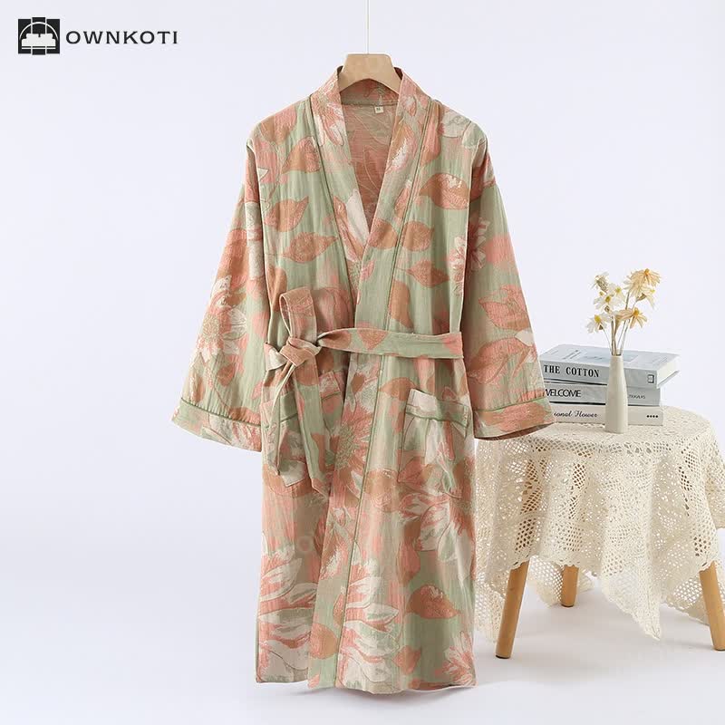 Jacquard Leaf Cotton Kimono Spa Bathrobe