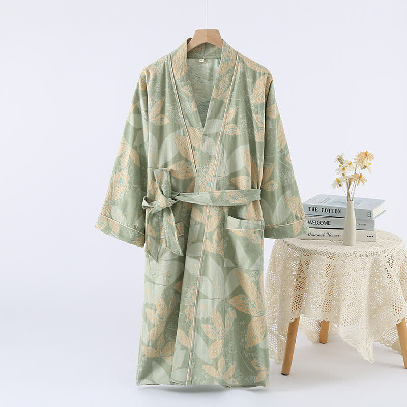 Jacquard Leaf Cotton Kimono Spa Bathrobe