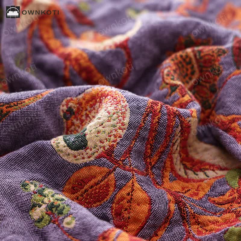 Floral Bird Tassel Cotton Gauze Sofa Blanket
