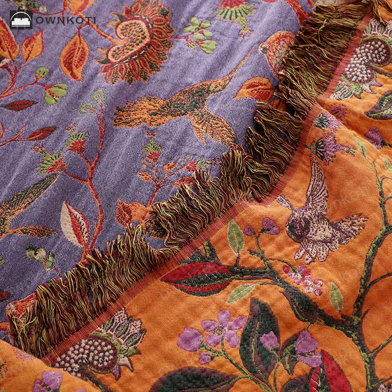 Floral Bird Tassel Cotton Gauze Sofa Blanket