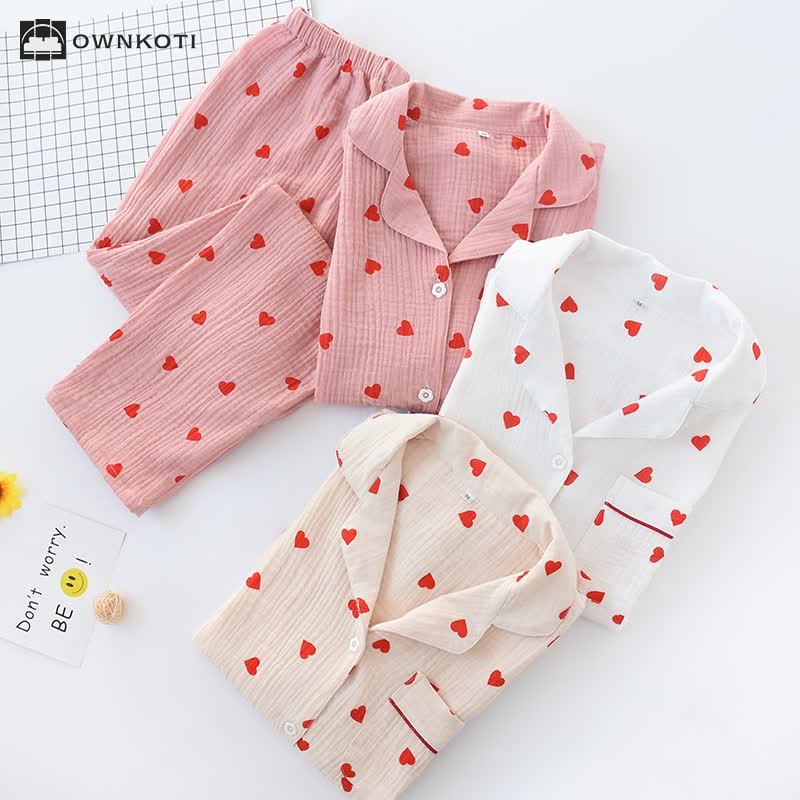 Jacquard Heart Cotton Gauze Nightwear Set