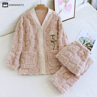 Embroidered Rose Soft Fleece Pajama Set