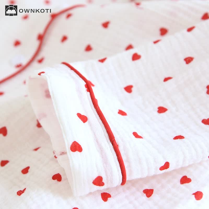 Simple Heart Lapel Cotton Gauze Loungewear Set