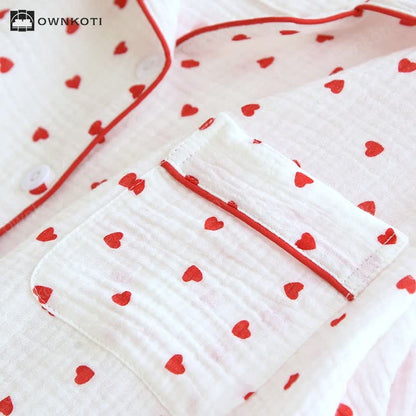 Simple Heart Lapel Cotton Gauze Loungewear Set