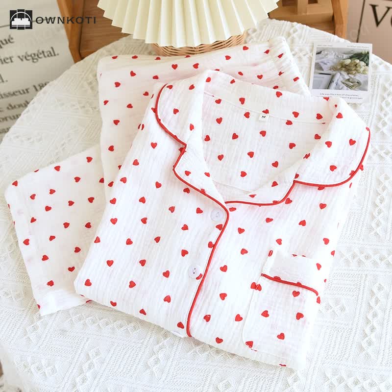 Simple Heart Lapel Cotton Gauze Loungewear Set