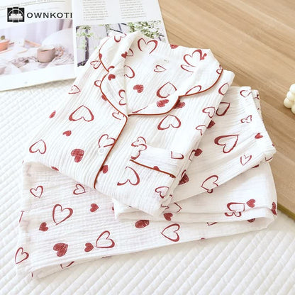 Heart Lapel Cotton Gauze Breathable Pajama Set