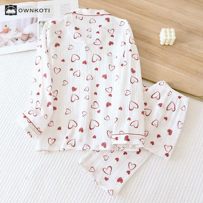 Heart Lapel Cotton Gauze Breathable Pajama Set