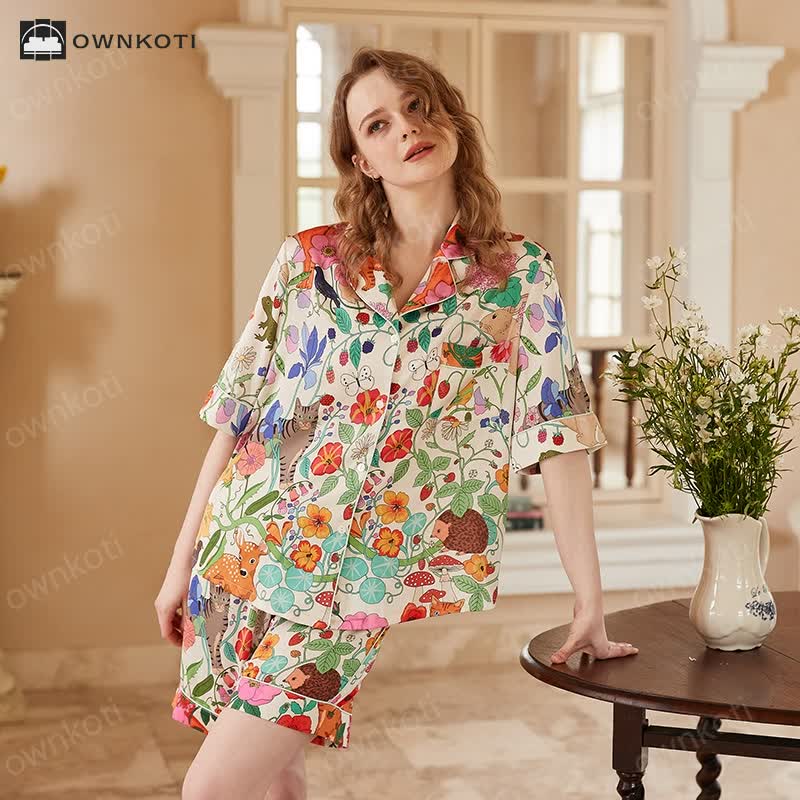 Forest Garden Lapel Neckline Soft Pajama Set