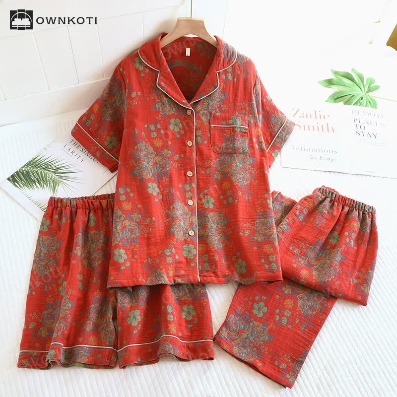 Jacquard Rose Cotton Lapel Pajama Set(3PCS)