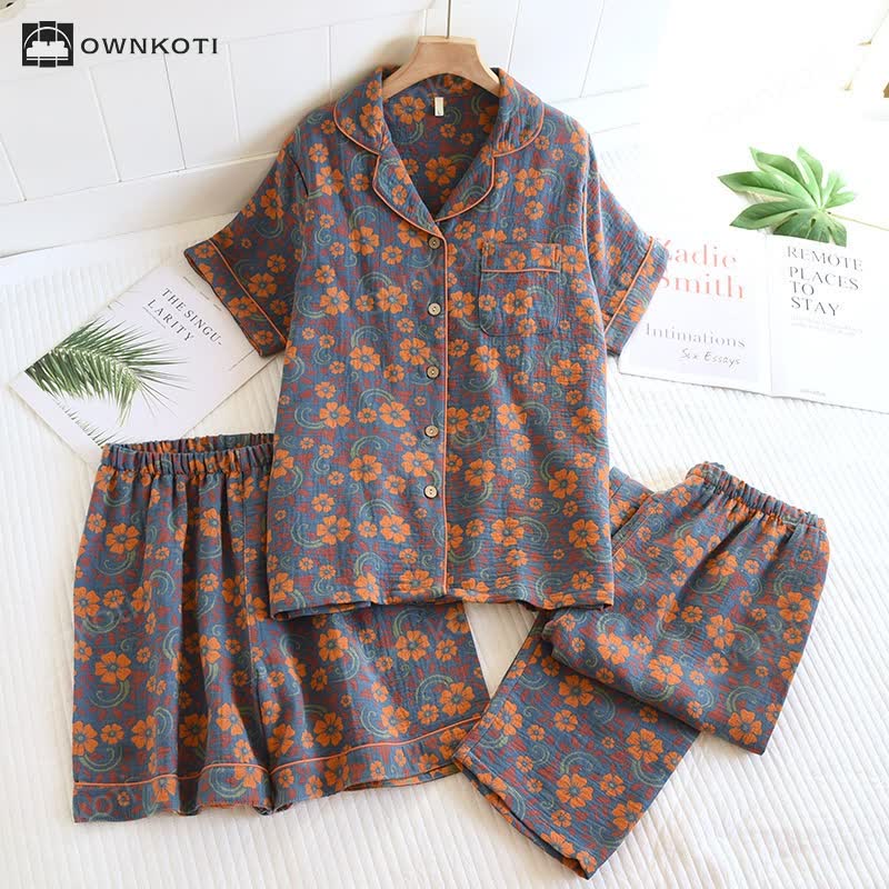 Cotton Jacquard Vintage Floral Lapel Pajama Set(3PCS)