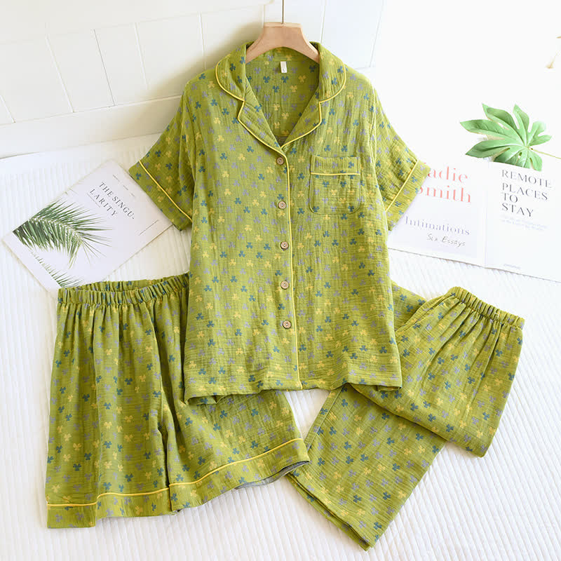 Cotton Jacquard Clover Lapel Pajama Set(3PCS)