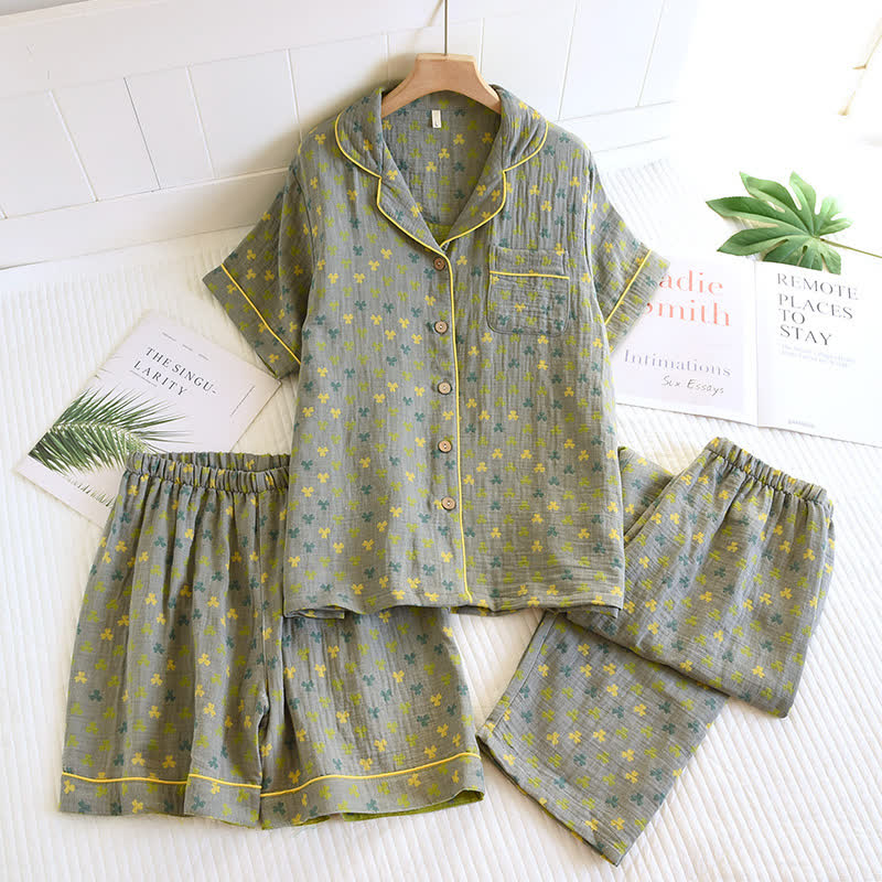 Cotton Jacquard Clover Lapel Pajama Set(3PCS)