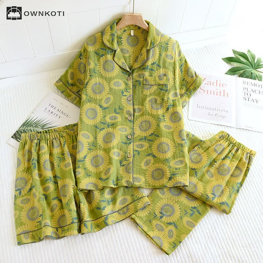 Jacquard Yarn-dyed Sunflower Comfy Pajama Set(3PCS)