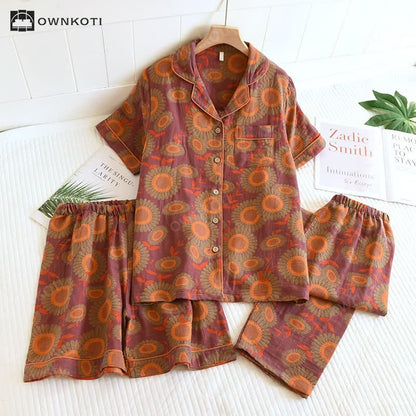 Jacquard Yarn-dyed Sunflower Comfy Pajama Set(3PCS)