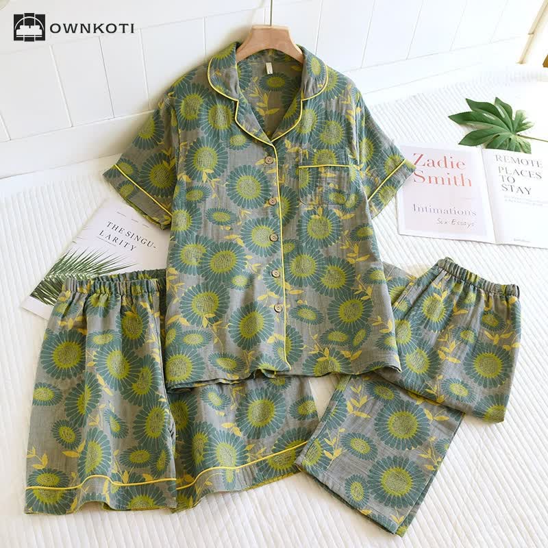 Jacquard Yarn-dyed Sunflower Comfy Pajama Set(3PCS)